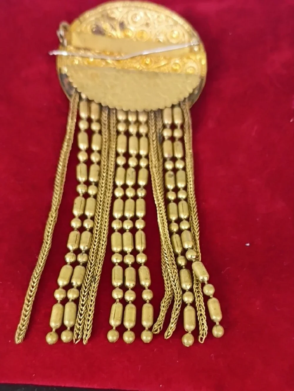 Gold Filigree Round Brooch with Beaded Fringe Vintage